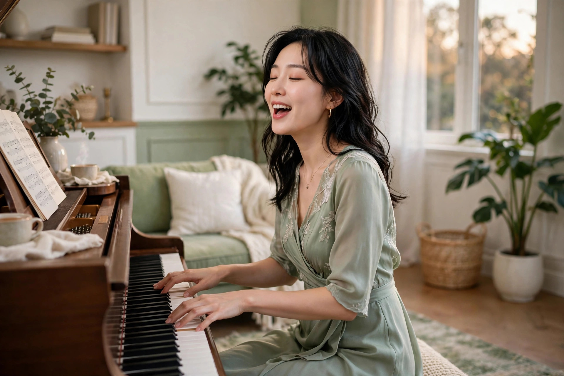 Ảnh demo — phụ nữ vừa hát vừa đàn piano tại nhà