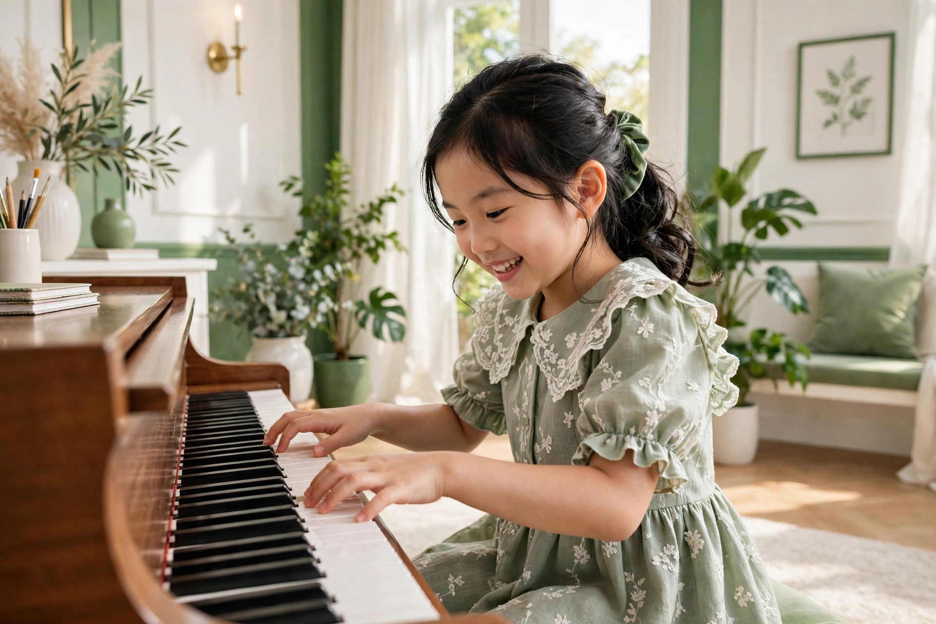 Ảnh demo — bé gái học piano trong phòng tập cao cấp