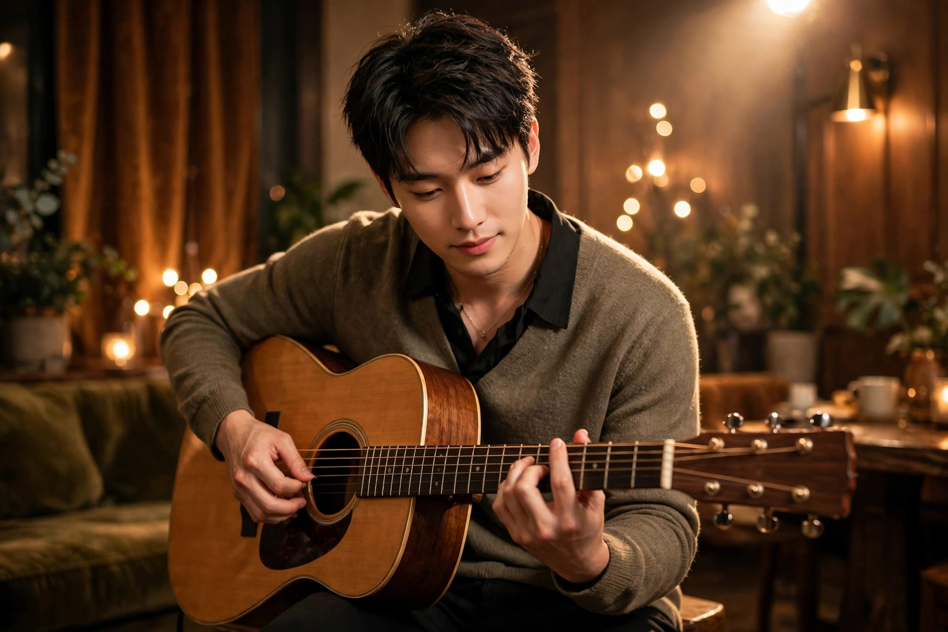 Ảnh demo — nam thanh niên chơi guitar acoustic dưới ánh đèn ấm