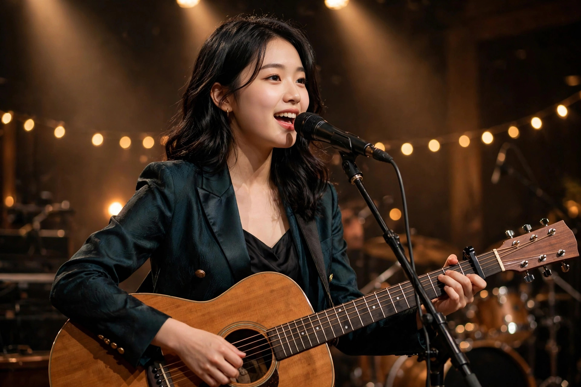 Ảnh demo — học viên biểu diễn guitar trên sân khấu